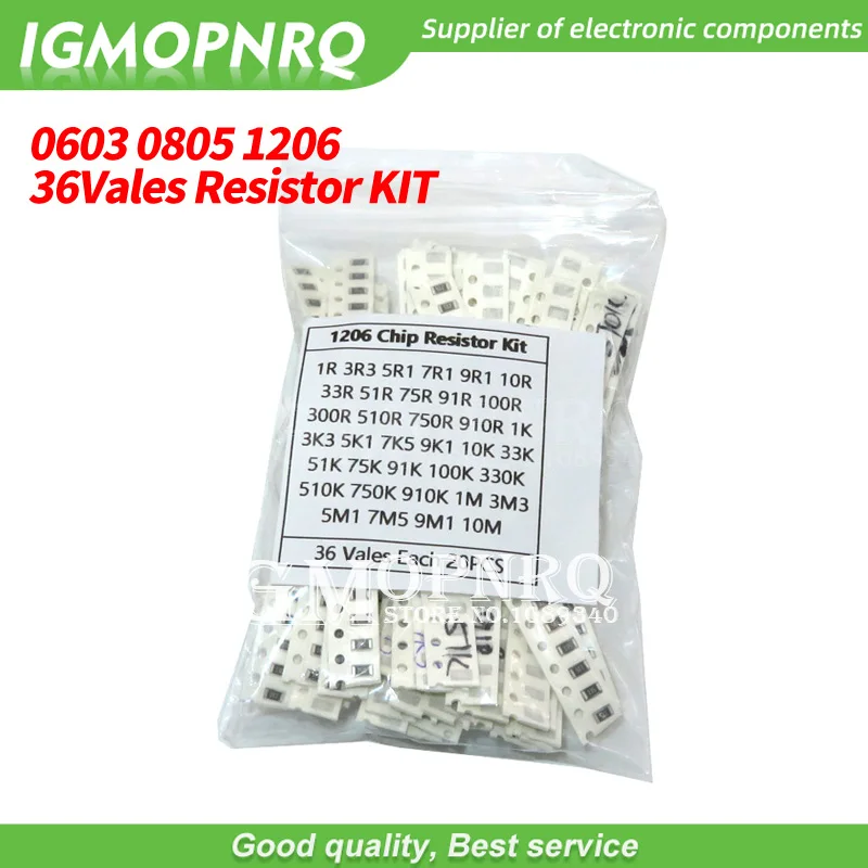 36Value * 20PCS =720PCS 0603 0805 1206 SMD Resistor Kit Assorted Kit 1 ohm- 10M ohm 10K 100K