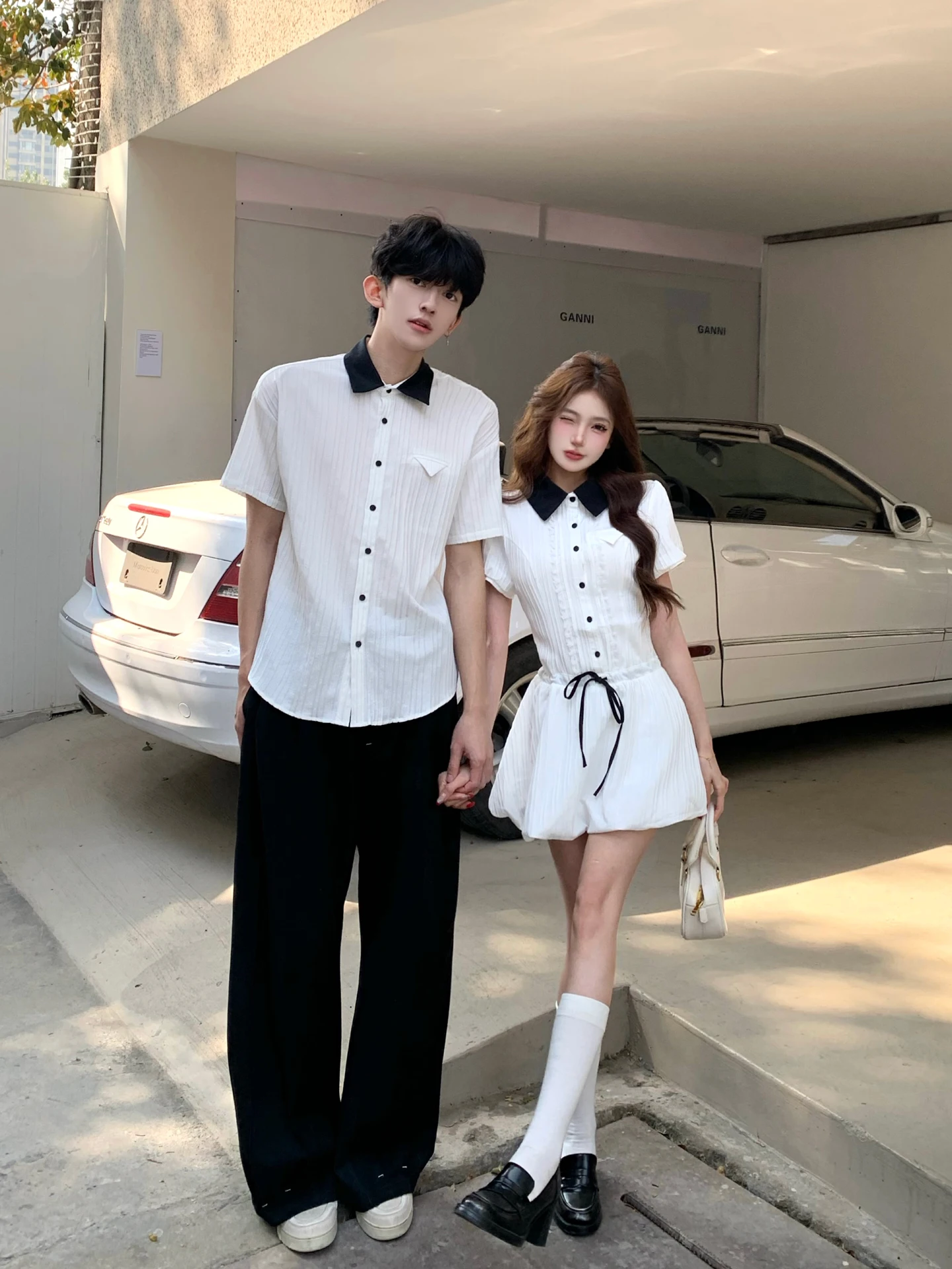 

Couple's Summer Short Sleeve Shirt Waist Cinching Slimming Dress Standard Fit Breathable Skin-Friendly College Style Clothing