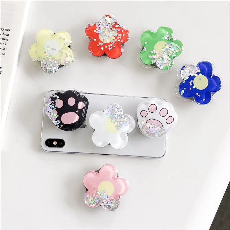 Cute Flowers Foldable Liquid Quicksand Stand Holder For iPhone Samsung Huawei Xiaomi Moto OPPO Universal Finger Ring Bracket
