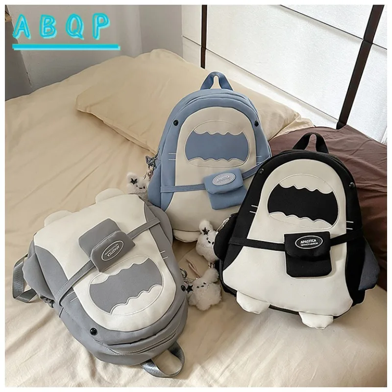 Stylish Nylon Backpack Adjustable Straps Cartoon Shark Design Lightweight for Students or Casual Use Secure Zipper Closure