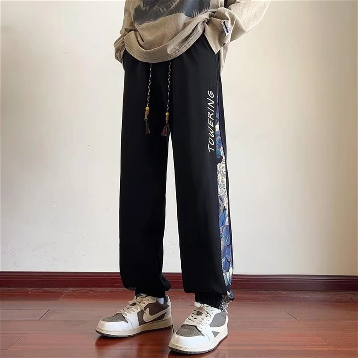 Cute Bear Spring Summer Men Casual Cargo Pants Pockets Black Loose Out Door Elasticity Sports Oversize High Street Pants