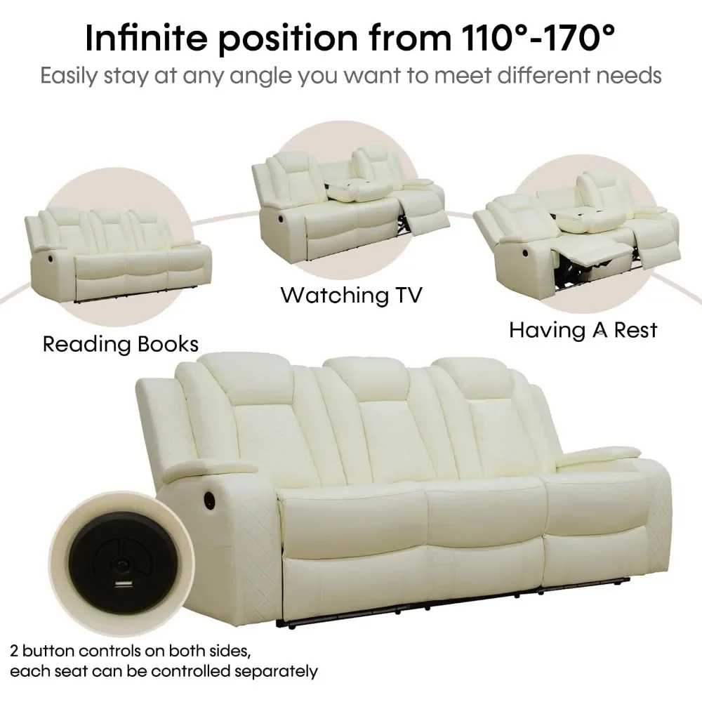 Recliner Sofa Set, Leather Reclining Sofa with USB Port/Wireless Charger/Storage Console/Cup Holder, Sofa Living Room Furniture