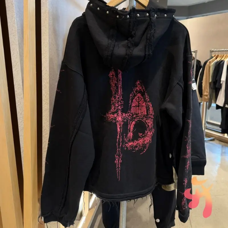 24ss Winter Thug Club Jackets Vinatge Casual Dragon Bone Print Zipper Rivet Hooded Sweatshirts Street Loose TC Hoodies Men Women