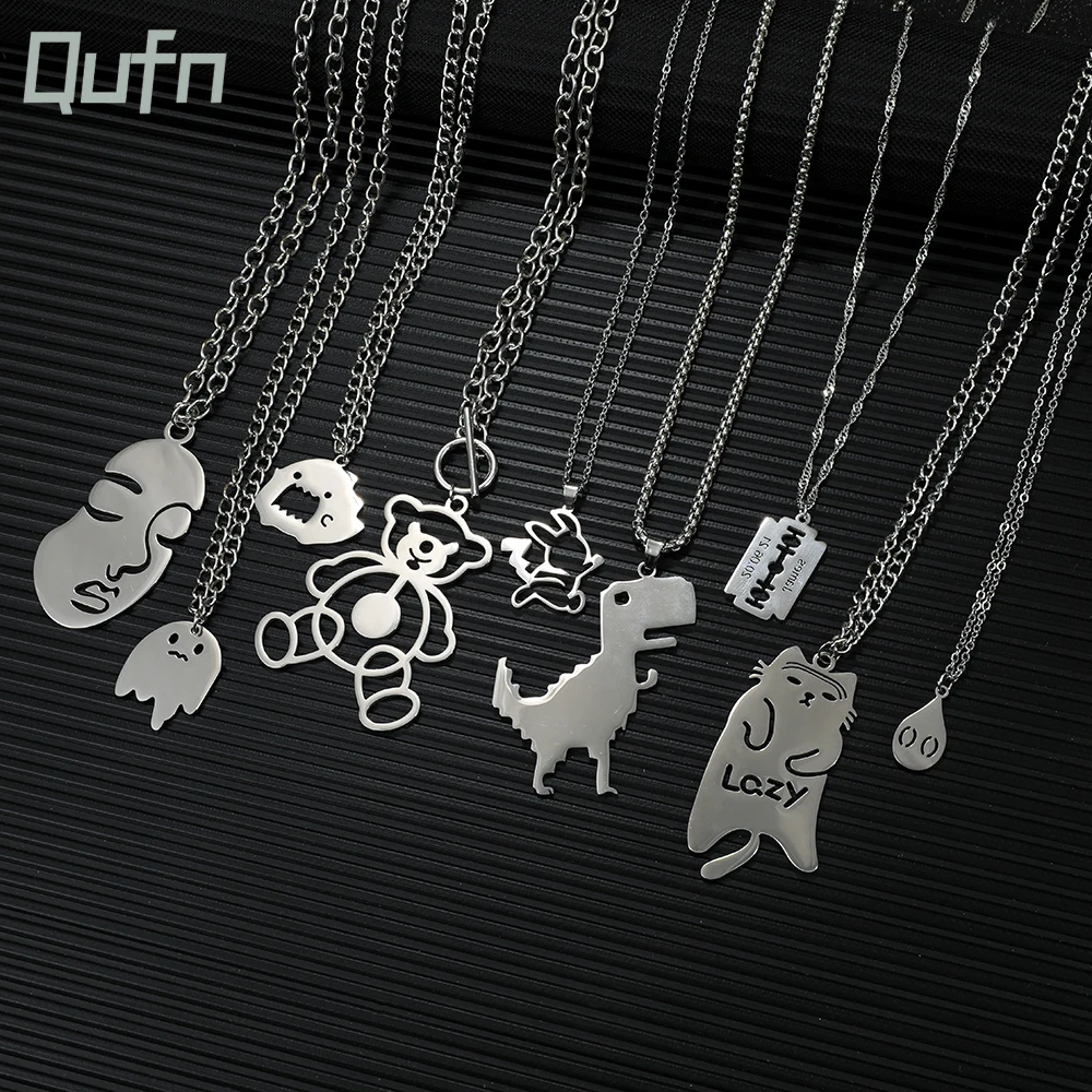 Trendy Punk stainless Steel Blade Necklace Cute Ghost Cat Abstract Face Dinosaur Bear Pendant Neck Chain for Hip Hop Necklace