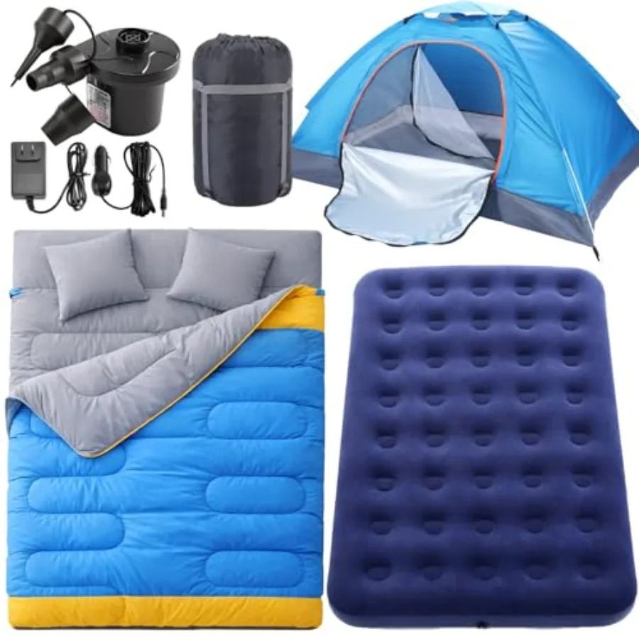 

4 Pcs Camping Tent Set with 1-2 Person Tent Sleeping Bag Air Mattress 110V AC/12V Electric Air Pump with 3 Nozzles Easy Setup S