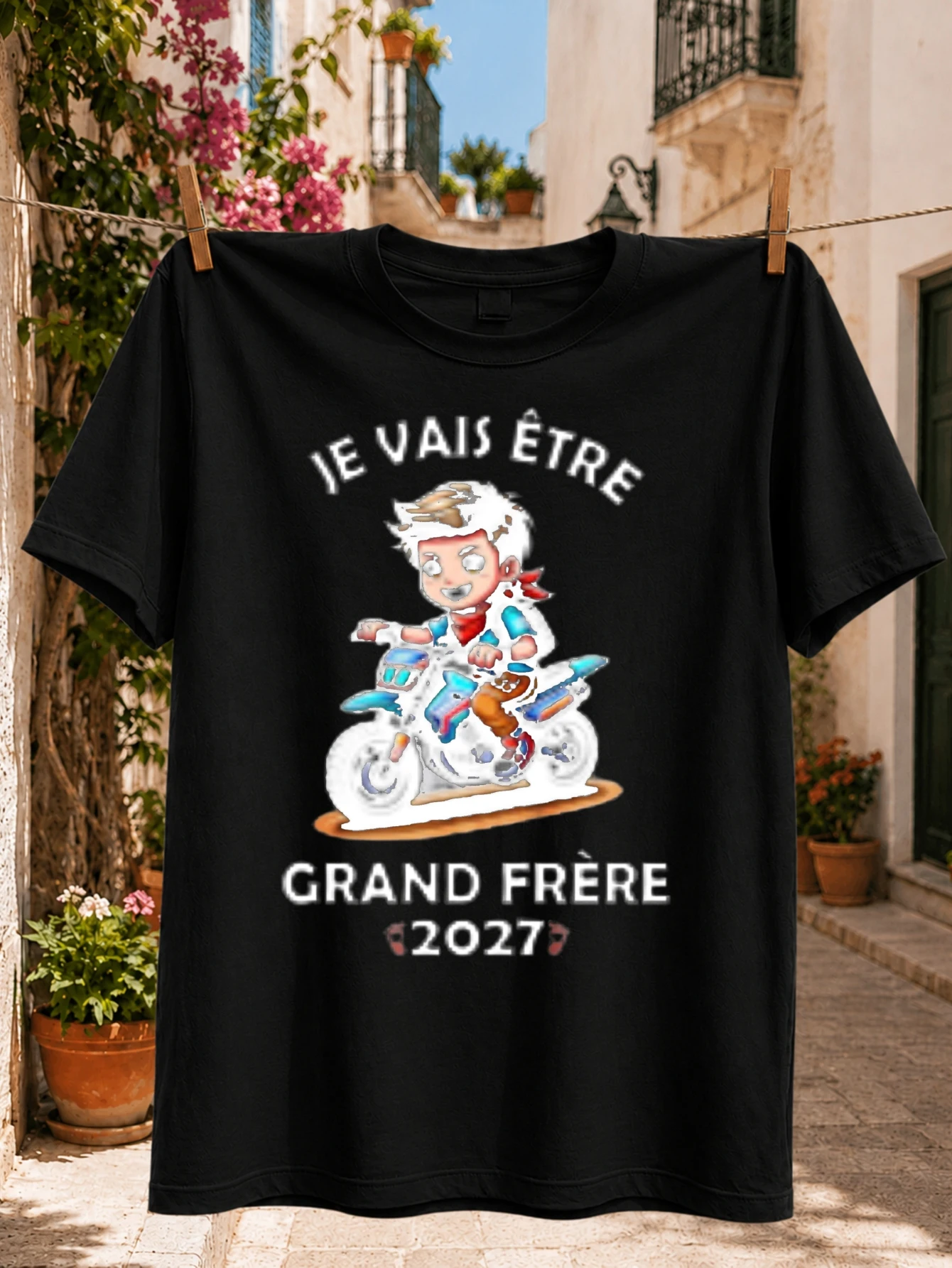 I Am Going to Be a Big Brother in 2027 Graphic cartoon riding a motorcycle with playful French  Unisex All T-Shirt