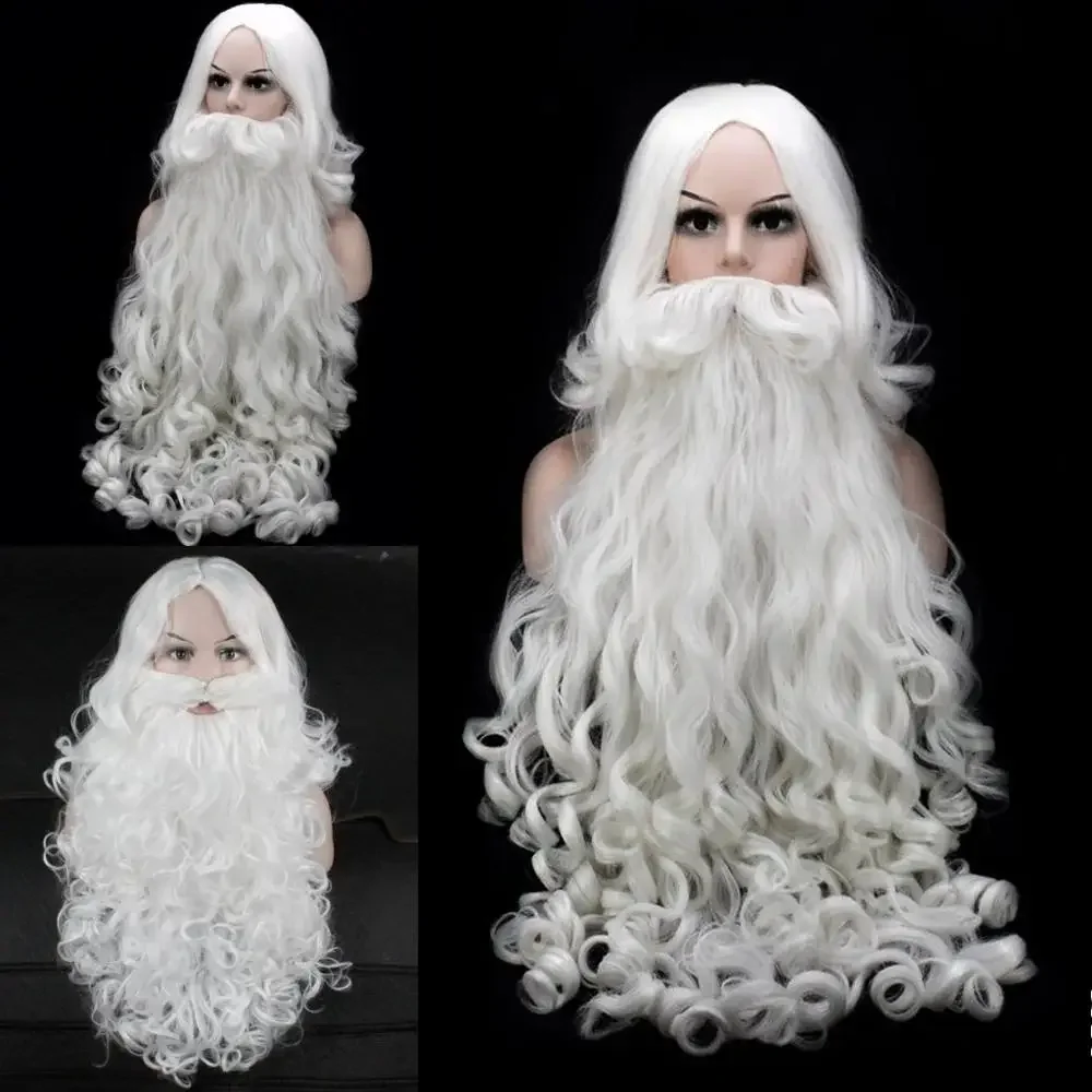 JOY&BEAUTY Santa Claus Beard Wig 80CM/60CM White Curly Long Synthetic Hair Adult Cosplay Wig Costume Christmas Gift Role Play