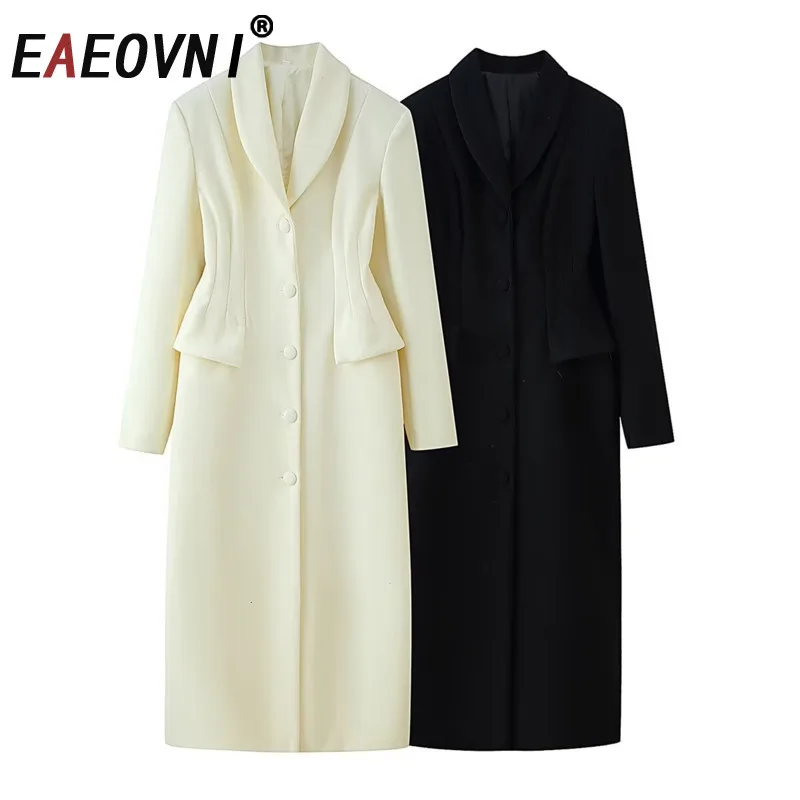 EAEOVNI Jesienno-zimowy długi płaszcz wełniany, kurtka z klapami, zapinana na guziki, marszczona w talii, jednolity kolor, odzież biurowa dla kobiet