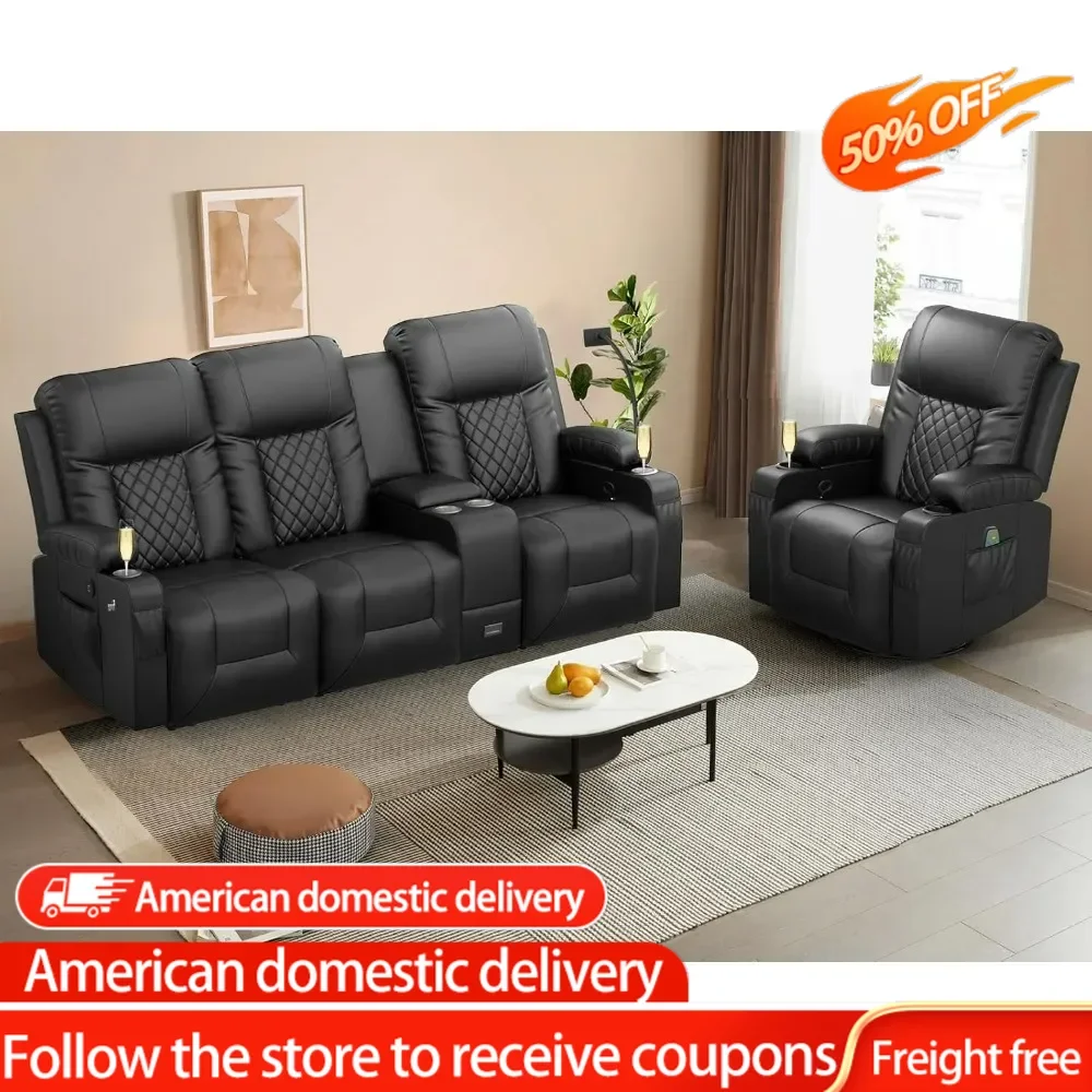 Recliner Sofa Set, Modern 3 Seat Reclining Sofa and 1 Seat 360° Swivel Recliner Chair with Heat and Massage for Living Room