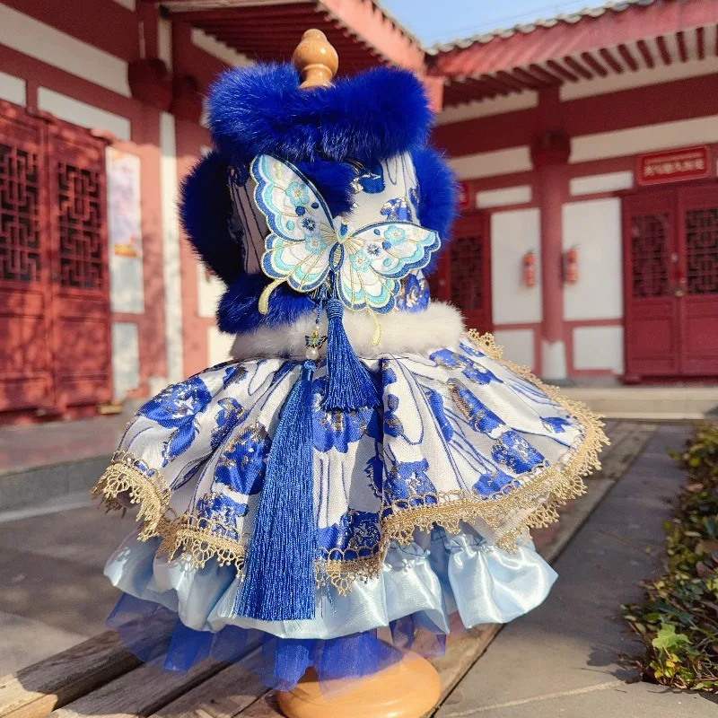 Fashion Sapphire Blue Pet Dog Clothes Luxury Handmade Embroidery Print Plush Warm Coat Dress for Small Medium Dog Puppy Outfits