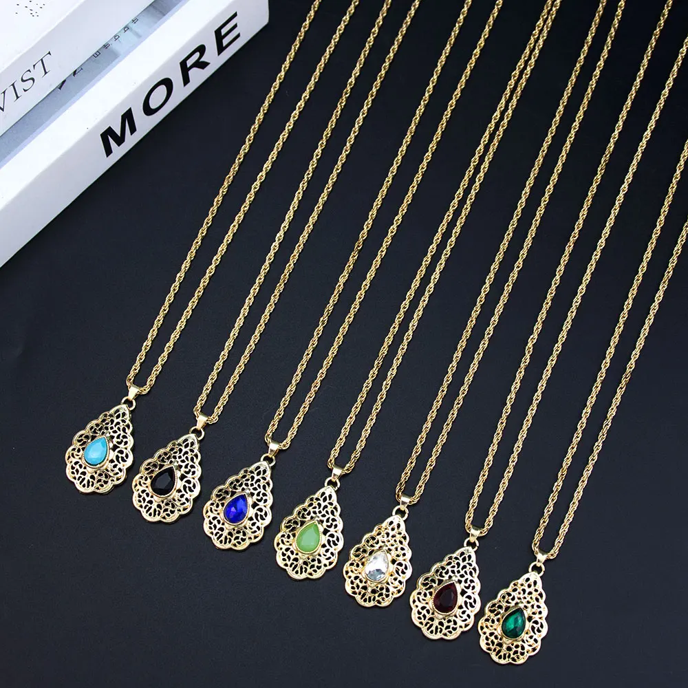 Goldfarbe Wasser tropfen Anhänger Halskette für Frauen hohle Augen Tropfenform arabische Mädchen Bijoux