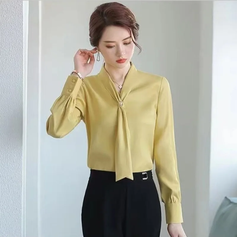 Elegant Women's Satin Shirt Summer V-neck Blouses Pullover Ladies Top Long Sleeves Chiffon thin Bow White Shirt Woman Clothing