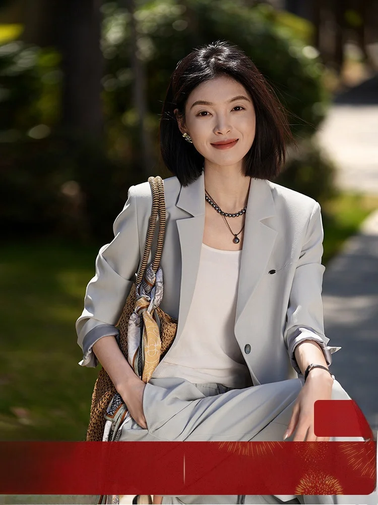 

XiaoHanGe Romantic Breathable Women's Suit Wide Leg Pants Set Loose Feel Commute Sle Regular Fit Single Button Pure Color