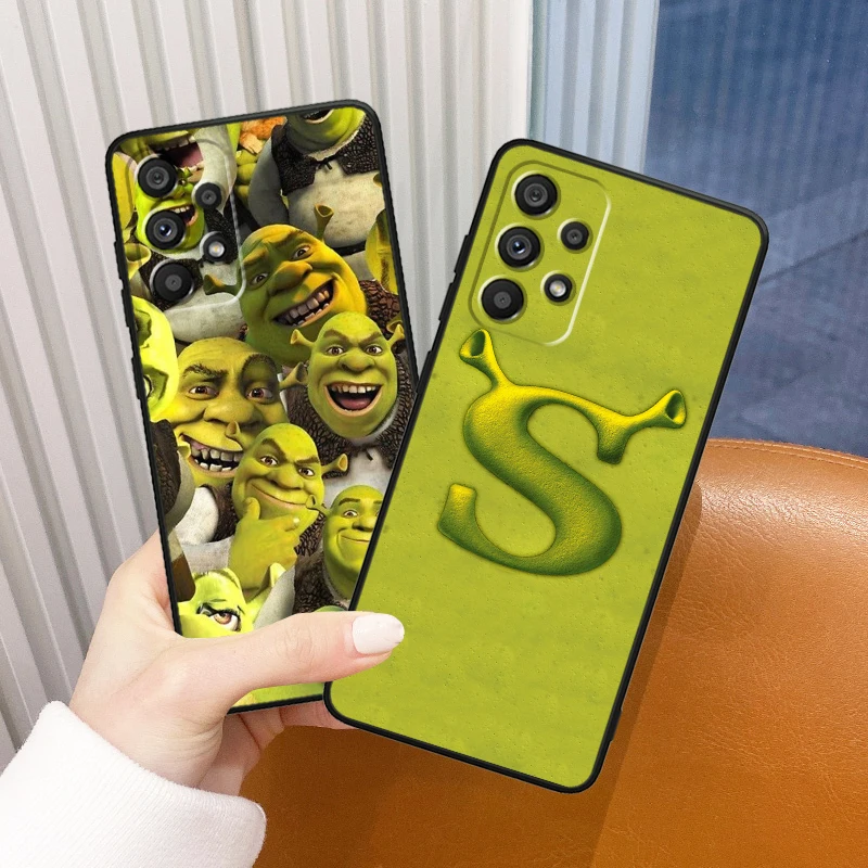 Kreskówka śmieszne Shrek dla Samsung Galaxy A73 A72 A55 A54 A53 A52S A34 A33 A32 A24 A15 A05S TPU czarne etui na telefon