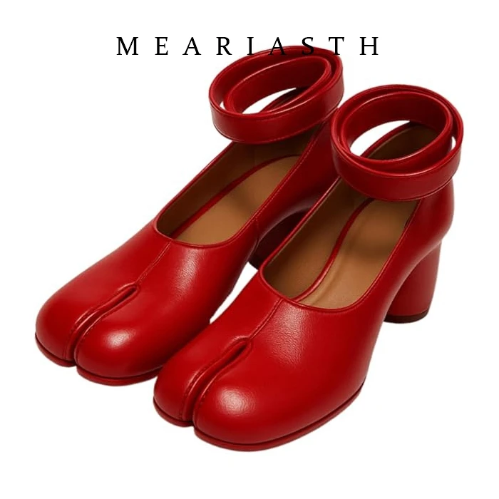 

2026 Vintage Spring Fashion Split Toe Women Pumps Chunky Round Strap Buckle High Heels Red Leather Brand Design Shoes Women