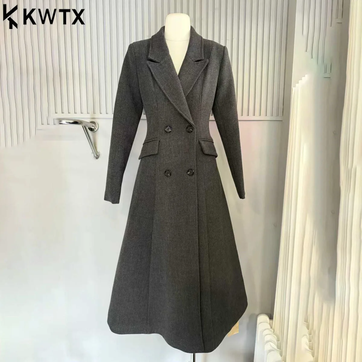 

KWTX Women's 2025 Wool Blend Double Breasted Long Trench Coat Vintage Autumn Winter Casual Solid Color Belted Waist Elegant Chic