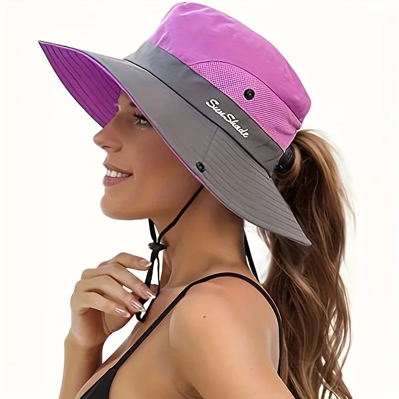 Damen-Sonnenhut in zwei Farben mit Pferdeschwanzöffnung – atmungsaktiv, breiter Rand, geeignet für Strand und Angeln – perfekt für Sommerhüte – Detail 1