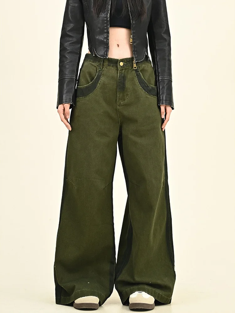 Women's Vintage Casual Streetwear High Waisted Straight Wide Leg Jeans Military Green Floor Length Pants 90s Fall Clothes