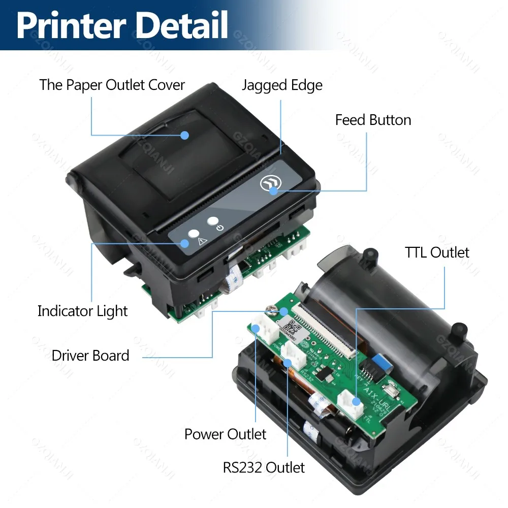58mm Embedded Thermal Receipt Printer Mini Printing Module Low Noise with RS232/TTL Serial Port Support ESC/POS Commands 5-9V