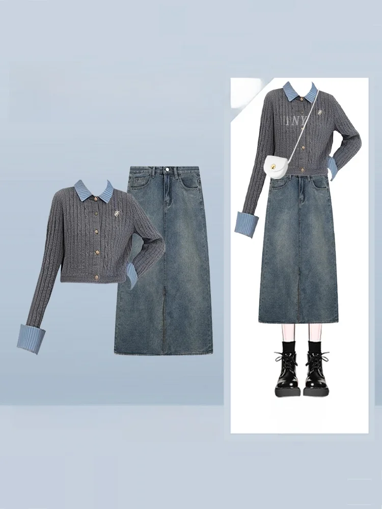 

Новинка 2025, цветной трикотаж для колледжа, топ, женский комплект джинсовой юбки с длинной свечой, осенний модный наряд, студенческий orm