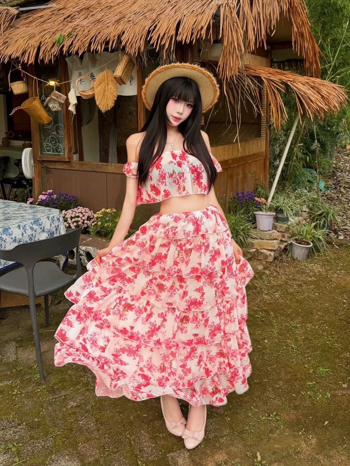 

Floral Print Off-Shoulder Two-Piece Dress Bohemian Style Summer Vacation Long Skirt Casual Loose Fit Women's Fashion Set