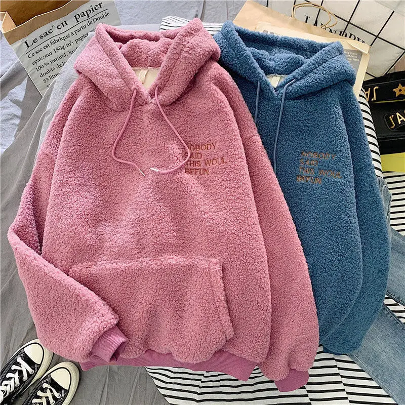 Oversized Hoodie Letter Print Thick Lamb Fleece Warm Women\'s Sweatshirt New Autumn Winter Loose Pullover Casual Long Sleeve Tops