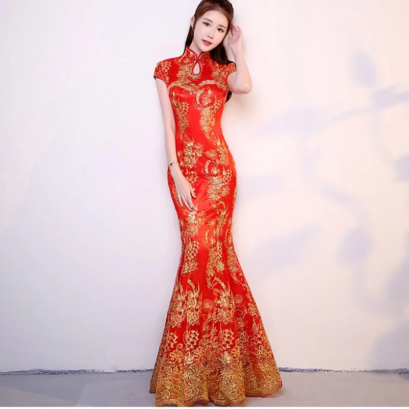 

Women's Qipao Red Chinese Wedding Dress Women Short Sleeve Cheongsam Gold Slim Traditional Fishtail