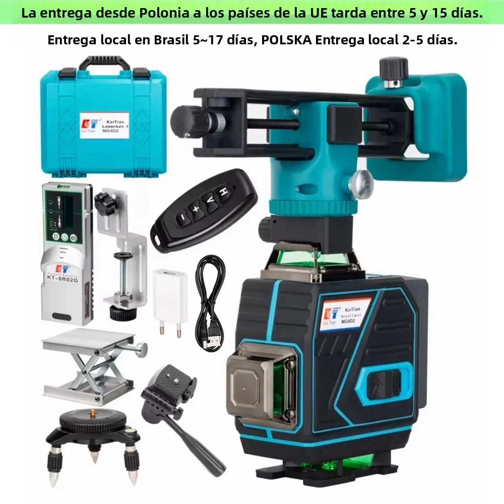 KaiTian 360 línea nivel láser autonivelante Cruz Horizontal y Vertical súper potente verde 16 líneas 4D Nivel receptor de nivel láser
