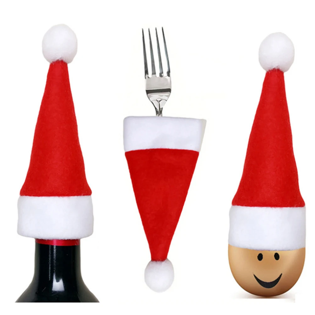 

12PCS Mini Santa Claus Hats Christmas Tableware Cutlery Covers Soft Kitchen Home Party Gifts
