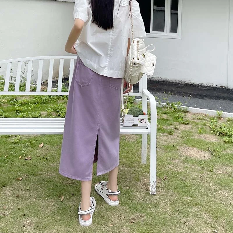 กระโปรงทรงเอเอวสูงผ่าข้างสำหรับสาวพลัสไซส์ ผ้ายีนส์สีขาว เนื้อผ้าฝ้ายแท้ เหมาะสำหรับเดินทางไปทำงาน