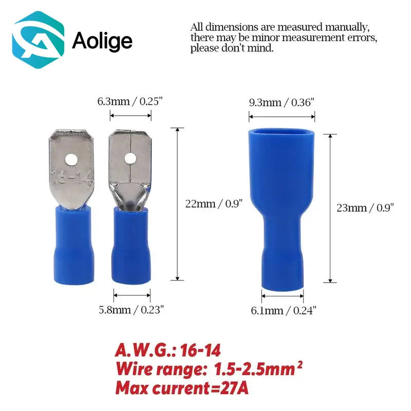 Connecteurs de pelle 16-14 AWG, 100 pièces, connecteurs à déconnexion rapide, borne à sertir de fil de pelle isolée, 50 paires femelle/mâle