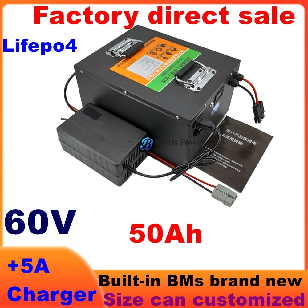 60V 50AH lifepo4 battery BMS 60A lithium bateria for 2500W 3500w scooter Inverter EV bike Tricycle caravan van + 5A charger