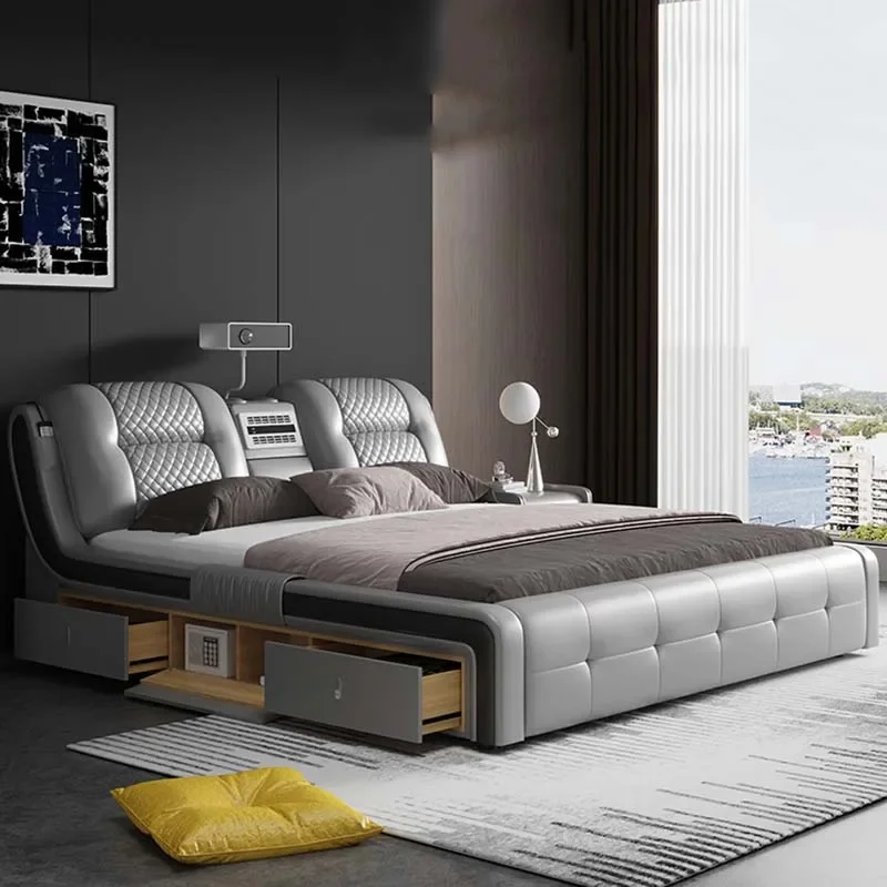 Leather Storage Wood Double Bed Projector Usb Charge Modern Comferter Bed Tatami Massage Lozko WielofunkcyjneBedroom Furniture