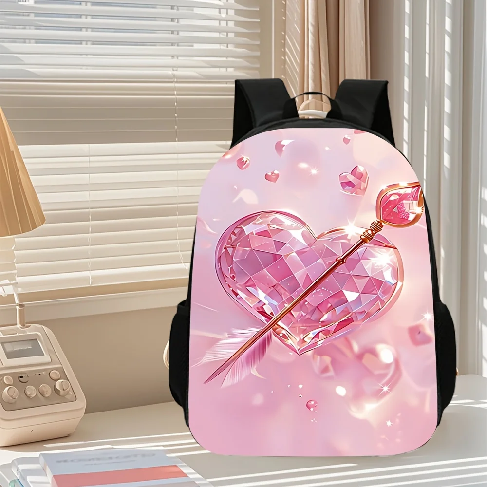3pcs [2D Flat] Backpack Set, Pink Heart Diamond Arrow Print School Backpack with Pencil Case & Crossbody Bag for Teenage Girls,