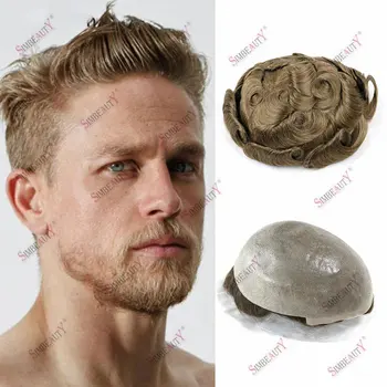 Koyu sarışın erkekler kılcal protez dayanıklı Microskin PU 0.06-0.08mm Remy insan saçı peruk erkekler için saptanamayan saç sistemi