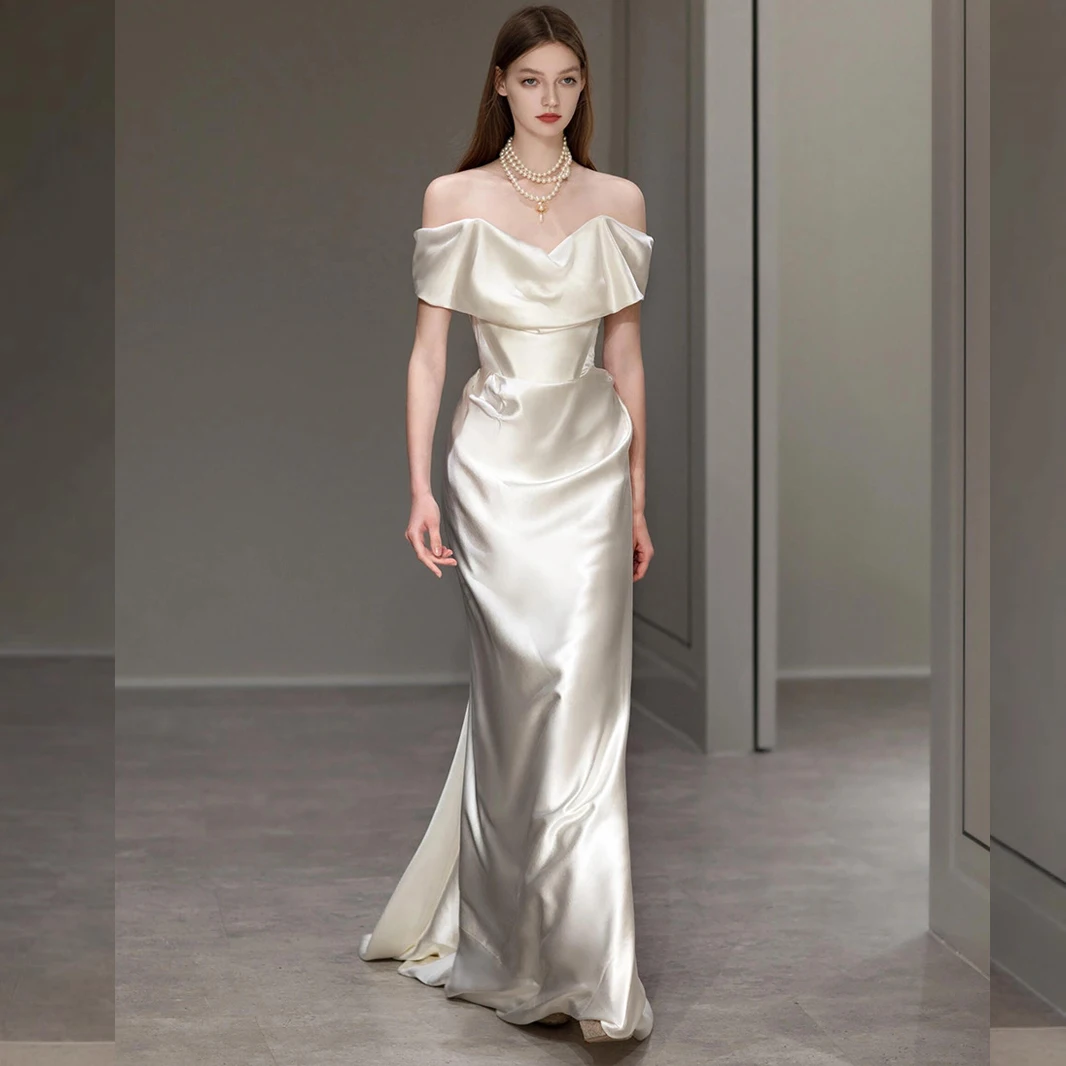 PJN NEW Mermaid Formal Long Evening Party Dress Women White Satin Off Shoulder Reception Wedding Snapshot Graduation Dresses