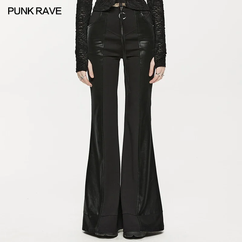 

PUNK RAVE Women's Punk Multi-segmental Spliced Faux Leather Flare Pants Elastic Both Sides Women Trousers