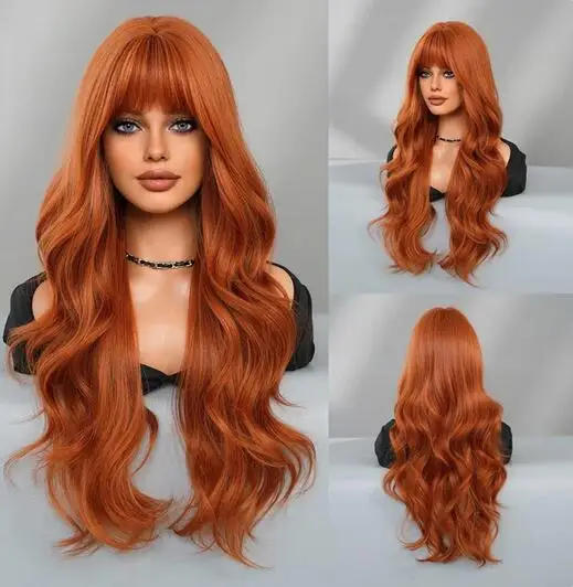 

Wig for Women Daily Use Fashion Synthetic Light Orange Wavy Hair Wigs with Bangs High Density 28Inch