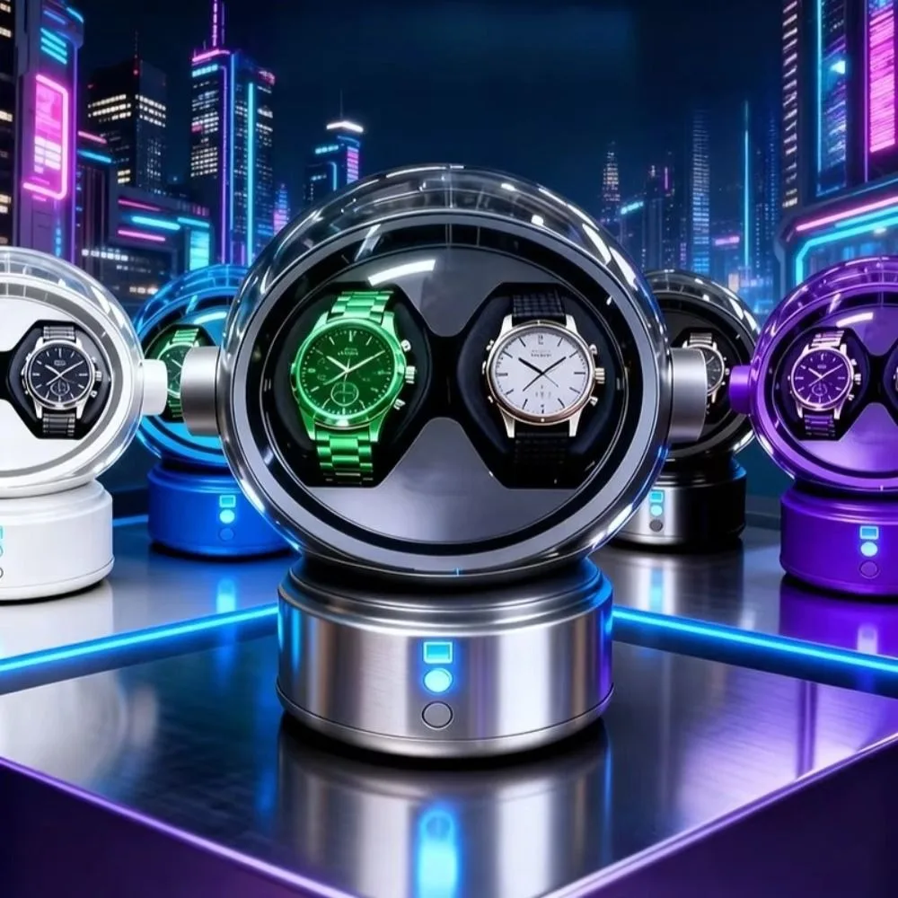 Space Style Digital Double Watch Winder Anti-Magnetic Luxury Automatic Watch Winder Silent Motor 5 Color Changing Ambient Lights