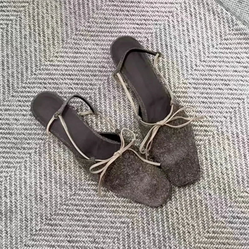 

Square Toe Bow Tie Back Strap Sandals For Women Autumn New Kitten Heel Grey Party Dress Mary Jane Shoes