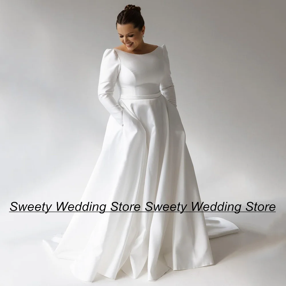 

Jiayigong Modest Wedding Dress Plus Size 2024 Simple Scoop Neck Long Sleeves Satin Bridal Gown with Pockets Vestido De Noiva