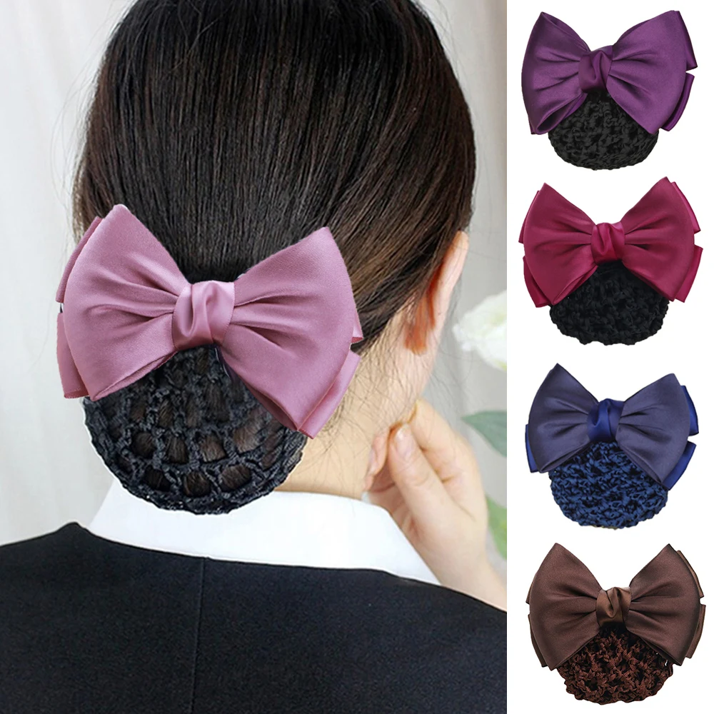 Fashion Hair Clips Cover Net Bowknot Bun Snood Satin Bow Barrette Women Lady Hairgrips Hair Net Cover Hair Accessories