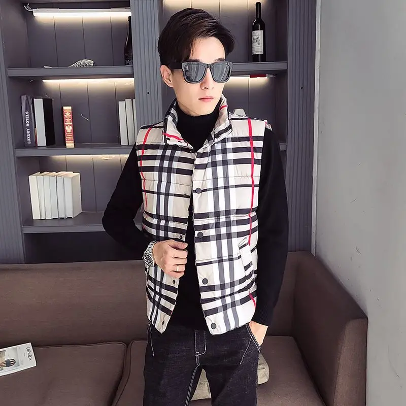 Men's autumn trend plaid men's jacket thickened warm winter down cotton vest