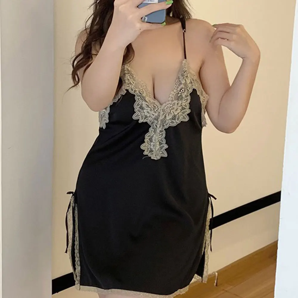 

Plus Size Women Satin Deep V Stitching Lace Nightdress Openwork Slit Home Clothes Perspective Nightgown Soft Ice Silk Loungewear