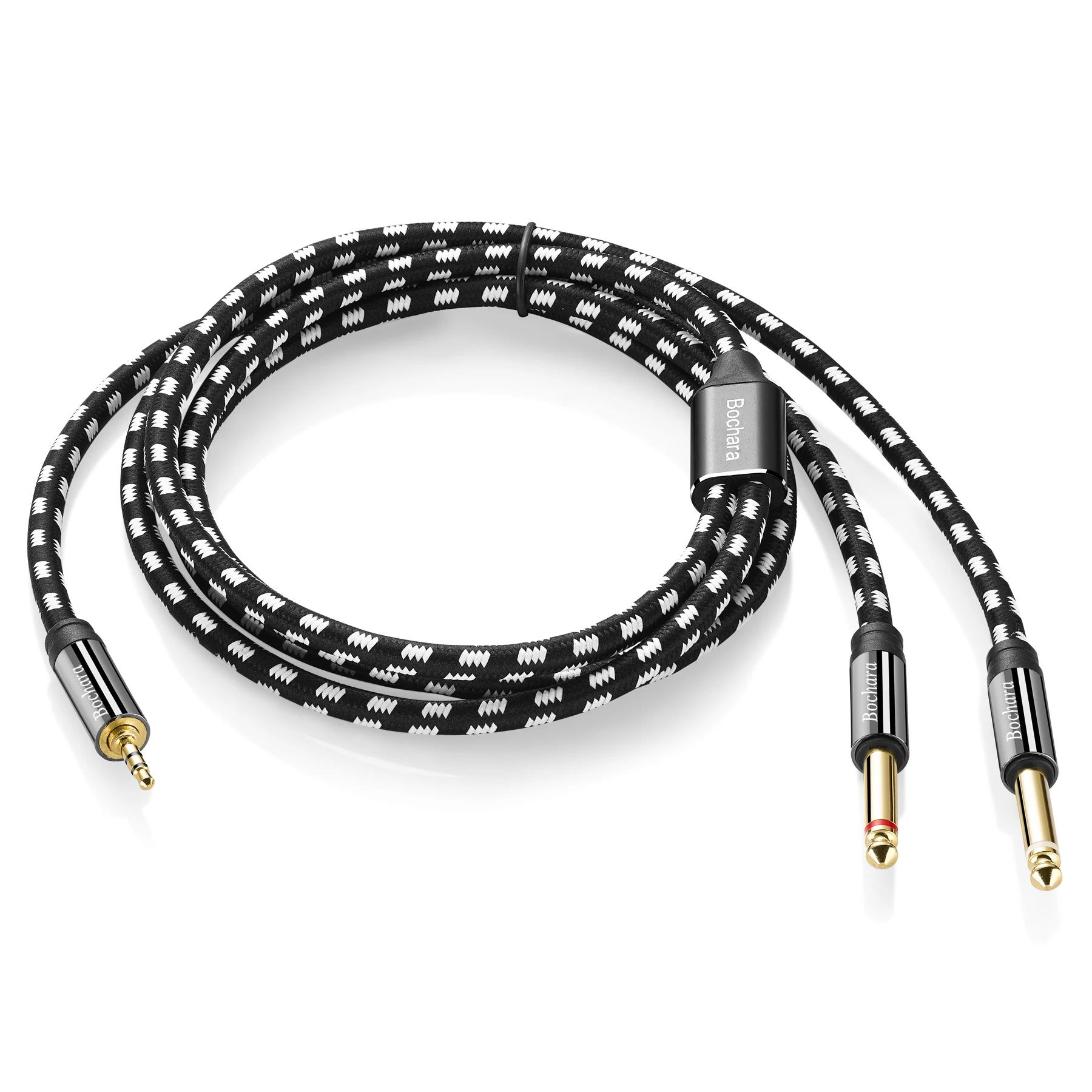 Bochara Pleciony pozłacany kabel audio 3,5 mm Stereo TRS do podwójnego kabla audio 6,5 mm TS OFC Folia + pleciony ekranowany 1,5 m