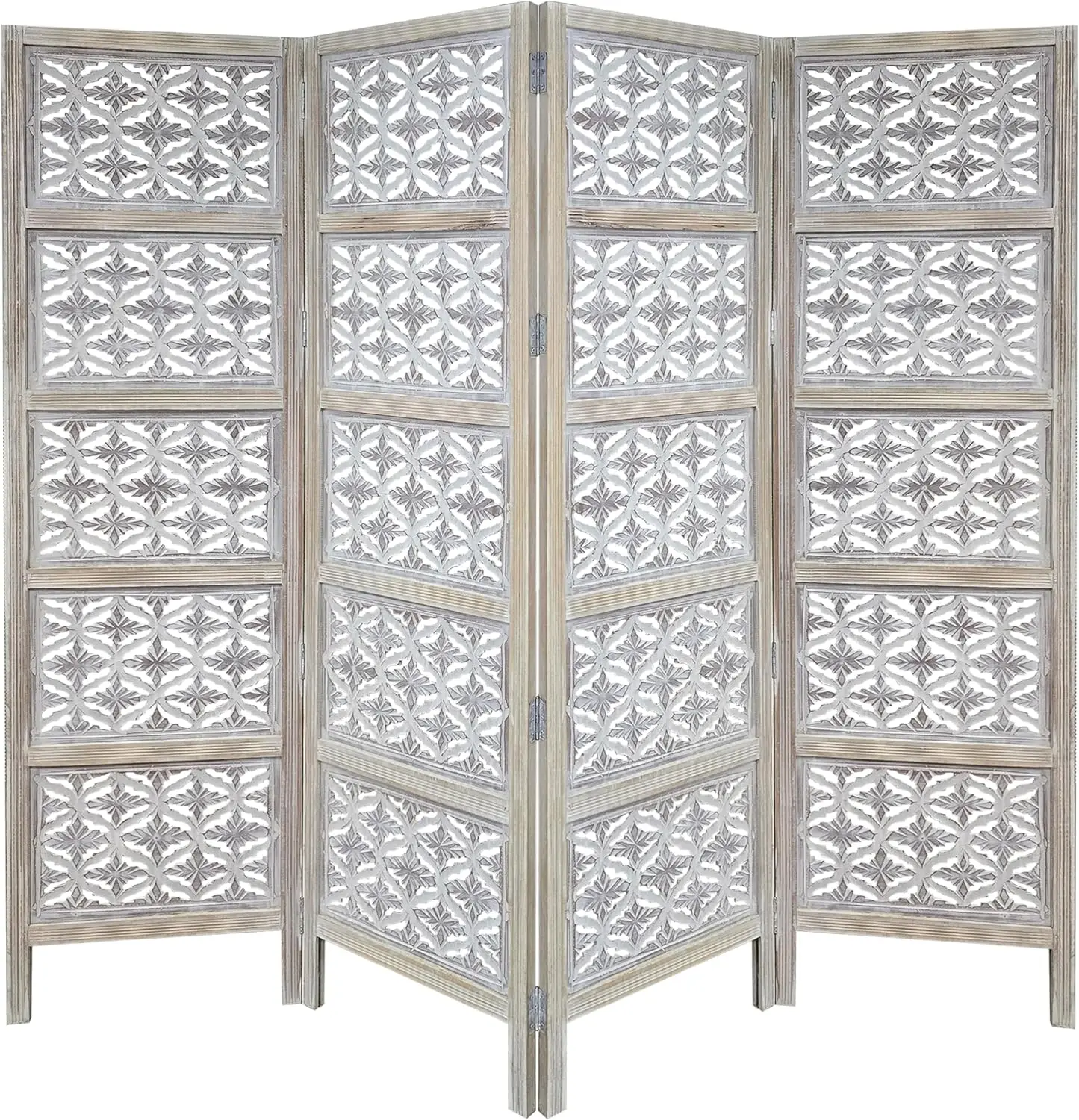 

The Urban Port Taj 4 Panel Folding Room Divider Screen, Antique White Mango Wood, Floral Carved Design