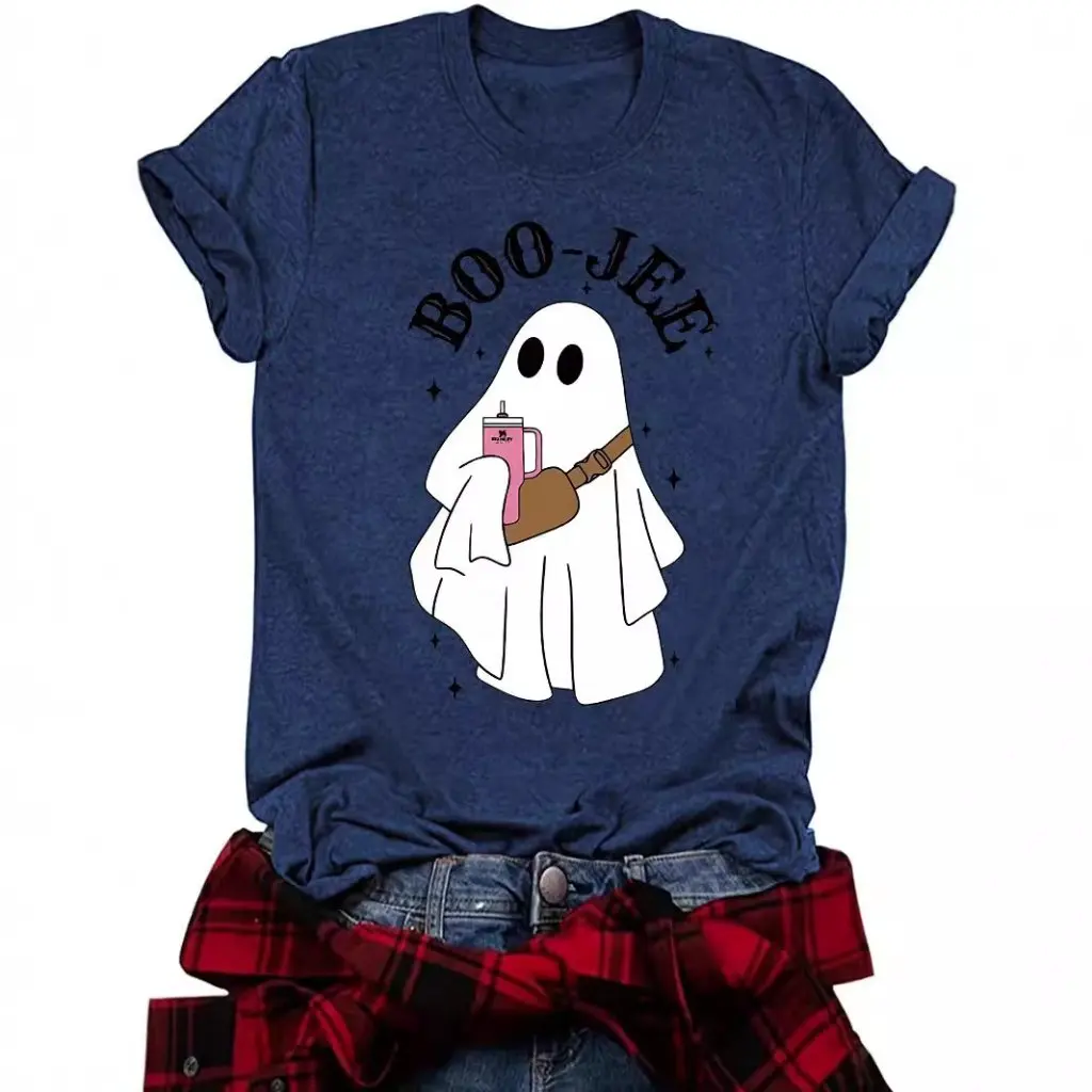 

Women's Summer Short Sleeve T-shirt BOOJEE Ghost Pattern Crew Neck Fashion Top for Halloween European And American Style