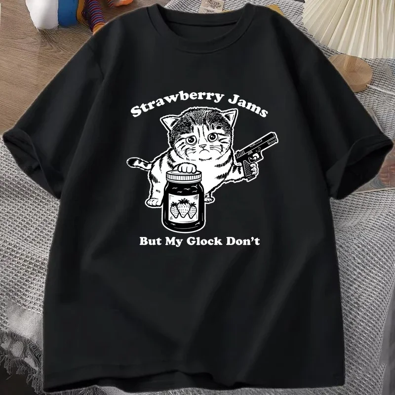 Summer Strawberry Jams But My Glock Don't Cat T-Shirt Women Men Kids Funny Cat Dad Summer T-Shirts Breathable Clothes Tees Top