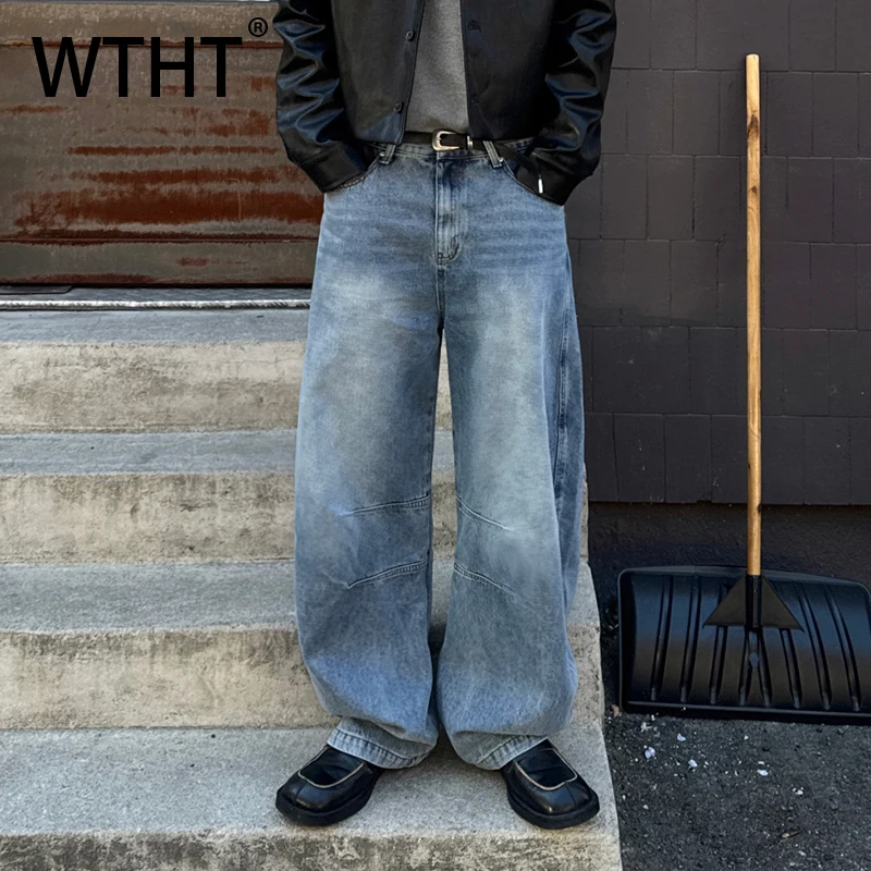 

Мужские джинсы WTHT Fashion: винтажные, с эффектом потертости, плиссированные, свободного кроя, с высокой талией, прямые, летние, модель 2026, 2A2884