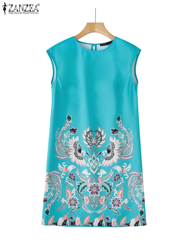 ZANZEA 2025 فستان نسائي صيفي عتيق بأكمام قصيرة فستان صيفي برقبة دائرية مطبوع عليه زهور فستان فضفاض غير رسمي بطول الركبة